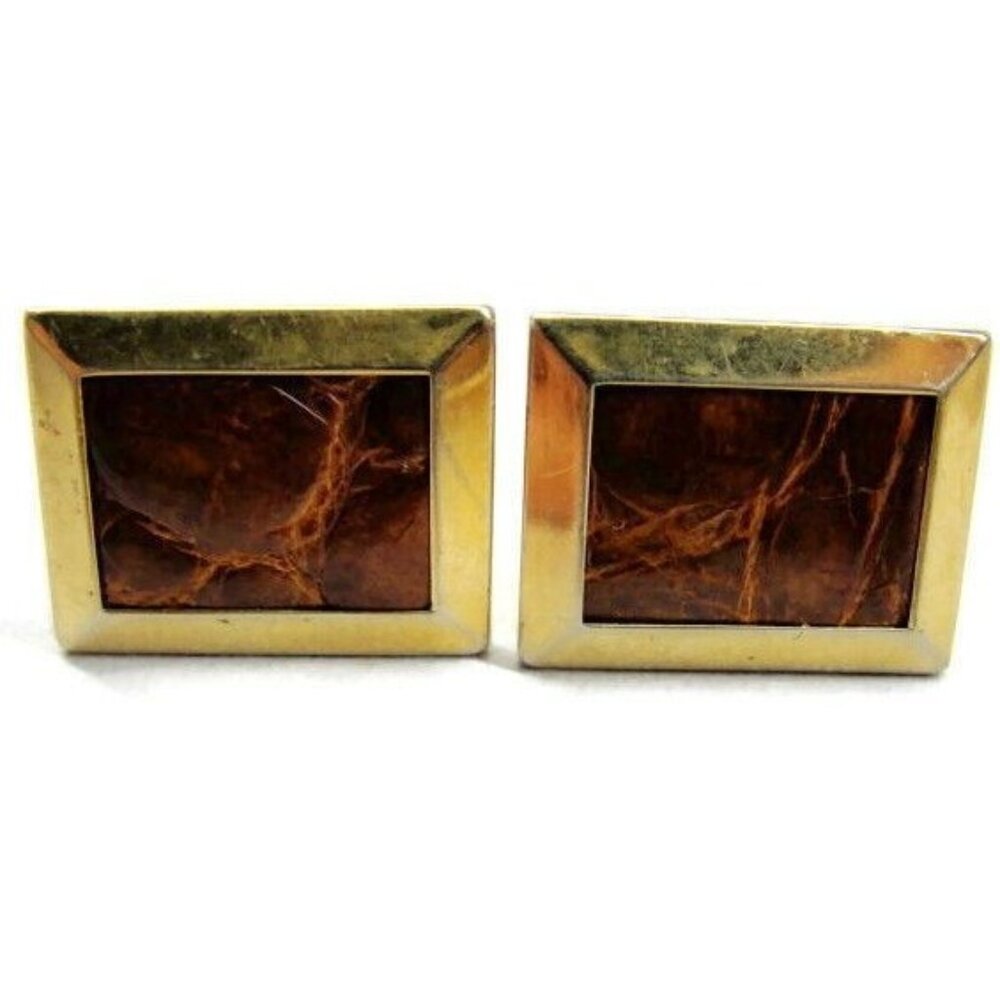 Hickok Brown Leather Square Gold Tone Cufflinks Tux Shirt Dress Suit Vintage